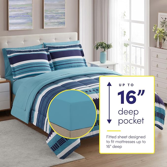 Sweet Home Collection 7 Piece Comforter Set Bag Solid Color All Season Soft Down Alternative Blanket & Luxurious Microfiber Bed Sheets, Marino, King