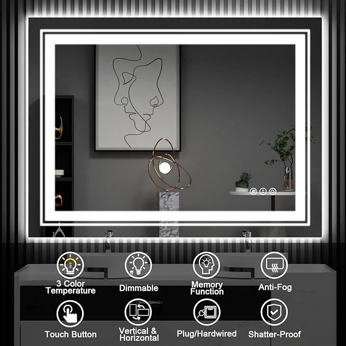 27.6" x 19.7" LED Bathroom Mirror with Lights, Front and Backlit Mirror, Anti-Fog Lighted Vanity Mirror, Stepless Dimmable, 3 Colors LED Mirror (Horizontal/Vertical)