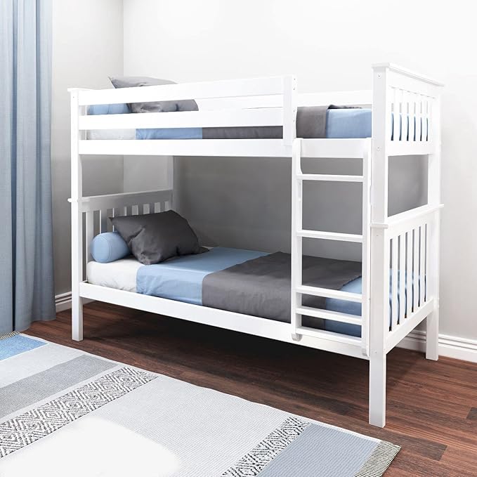 Max & Lily Bunk Bed Twin over Twin, Solid Wood Bunk Bed Frame with Ladder for Kids, 14" Safety Guardrails, Easy Assembly, No Box Spring Needed, White