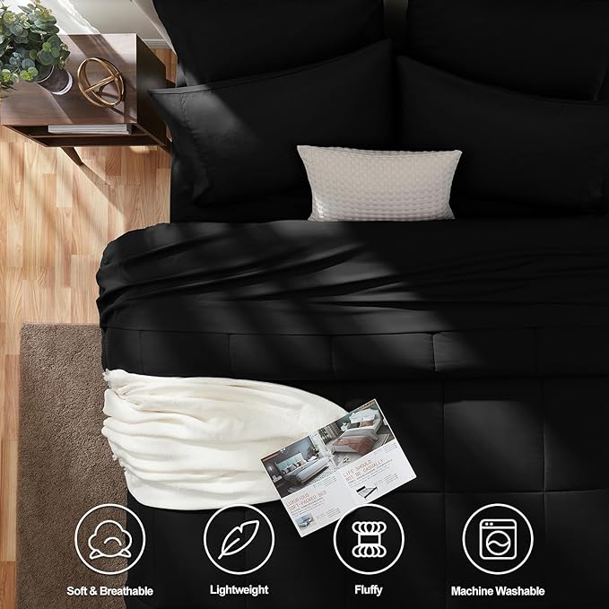 CozyLux Oversized King Comforter Sets Black, 7 Pieces Bed in a Bag, Ultra-Soft All Season Bedding Sets with Stitch Quilted Comforter, Flat Sheet, Fitted Sheet, Pillowcases, Black