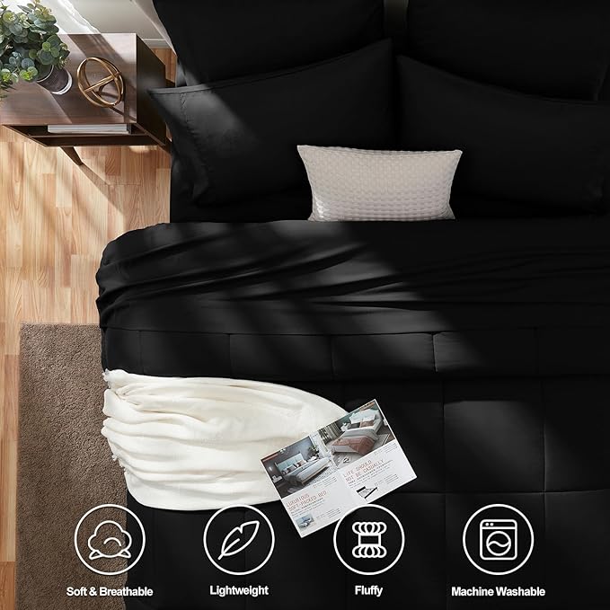 CozyLux Twin Comforter Set with Sheets Black, 5 Pieces Bed in a Bag, Black Comforter Twin Size, All Season Bedding Set with Stitch Quilted Comforter, Flat Sheet, Fitted Sheet, Pillowcases