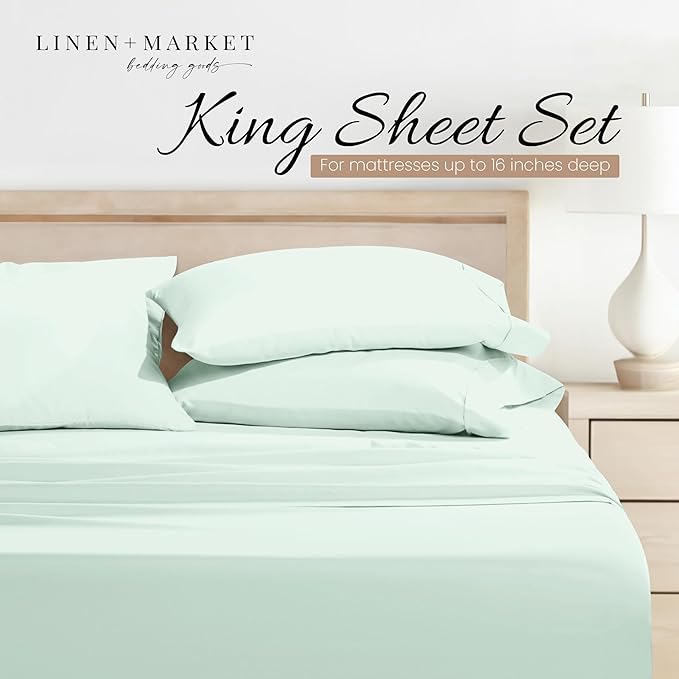 Linen Market Double-Brushed Microfiber King Sheet Set 4 Piece – Oeko-TEX Certified Ultra Soft & Wrinkle-Free - 16" Deep Pocket Sheets - Easy Care King Size - Mint