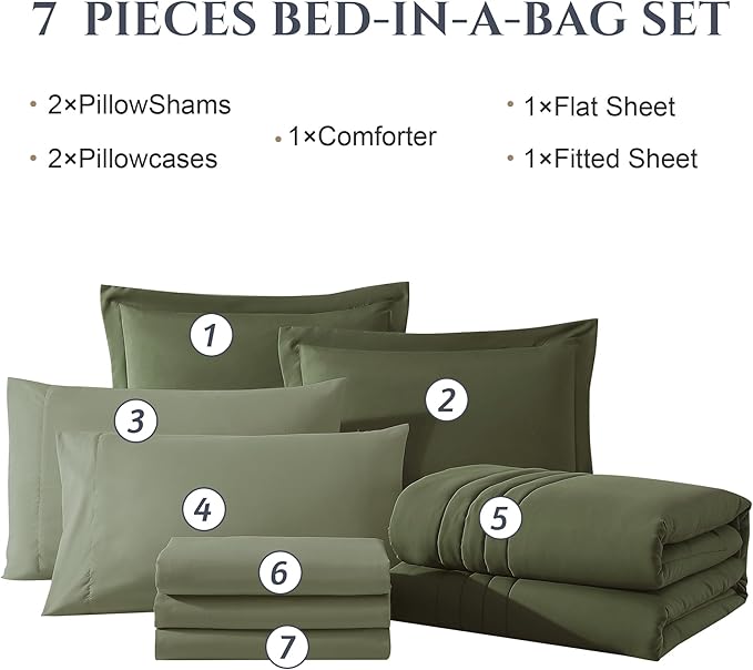 Monbix King Size Comforter Set - 7 Pieces Bed in a Bag King, Olive Green Bedding Sets with Comforter, All Seasons Down Alternative Comforter Bed Set with Sheets, Pillowcases & Shams