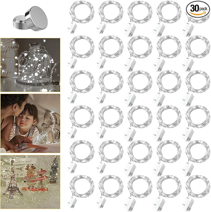 30 Pack Fairy Lights Battery Operated - 3 Speed Modes, 7Ft 20 LED String Twinkle Lights, Waterproof Copper Wire, Mini Firefly Light for Mason Jars Vases Christmas Decor, White