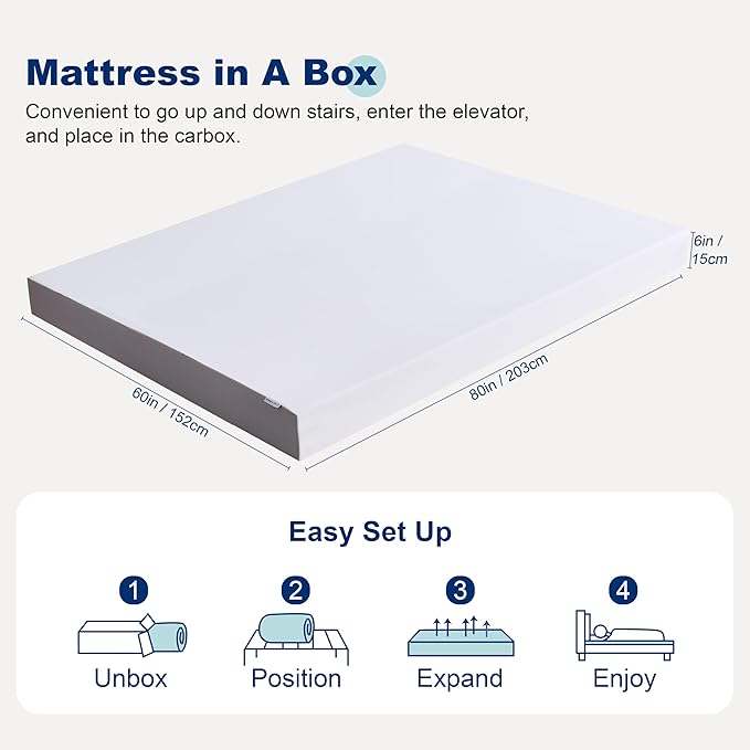 Amazon Basics Memory Foam Mattress, Soft Plush Feel, Queen, White/Grey, 80 x 60 x 6 inches (LxWxH)