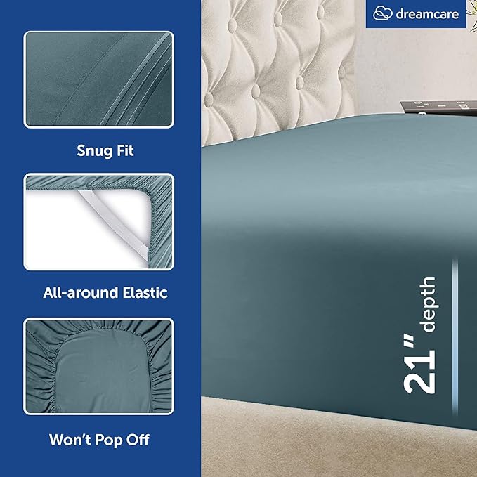 DREAMCARE Queen Sheet Set – 6 pcs Cooling Bed Sheets – up to 21” Deep Pocket Queen Sheets Set – 2500 Supreme Collection – Extra Soft 100% Brushed Microfiber Hotel Luxury with Side Pocket -Mineral Blue