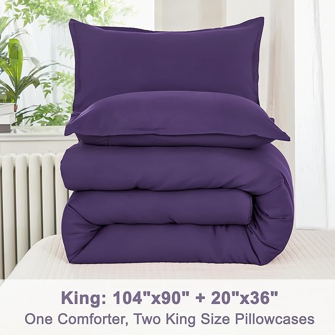 Litanika Purple Comforter Set King Size, 3 Pieces Lightweight Solid Bedding Comforter Set, All Season Fluffy Bed Set (104x90In Comforter & 2 Pillowcases)