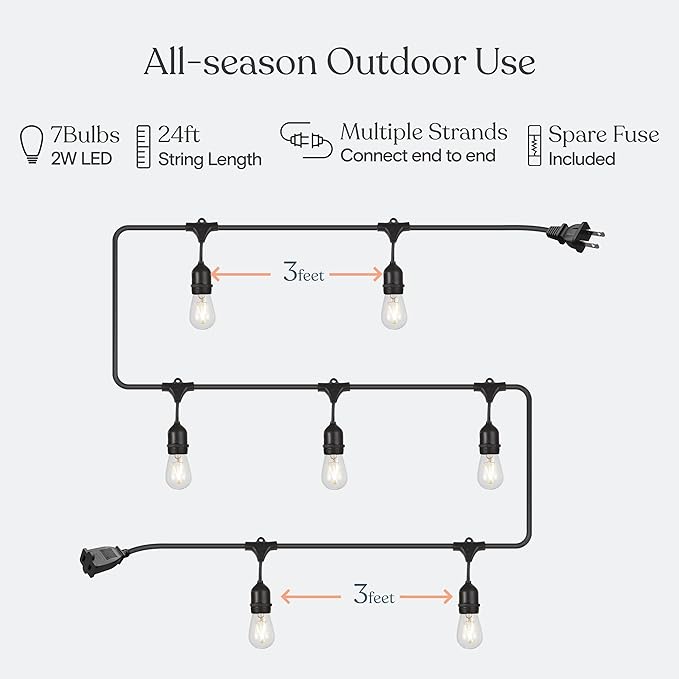 Brightech Ambience Pro - Waterproof LED Outdoor String Lights - 7 Hanging, Dimmable 2W Vintage Edison Bulbs - 24 Ft Commercial Grade Patio Lights Create Cafe Ambience in Your Backyard