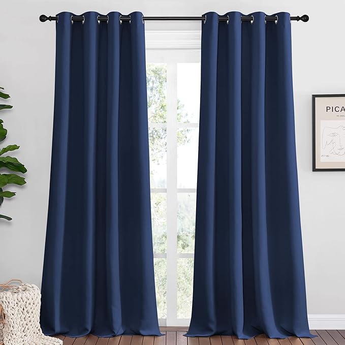NICETOWN Navy Blackout Curtains for Sliding Door - 55 by 90, 2 Pieces, Blocking Out Sunlight Window Treatment Modern Design Grommet Curtain Panels for Dining Room