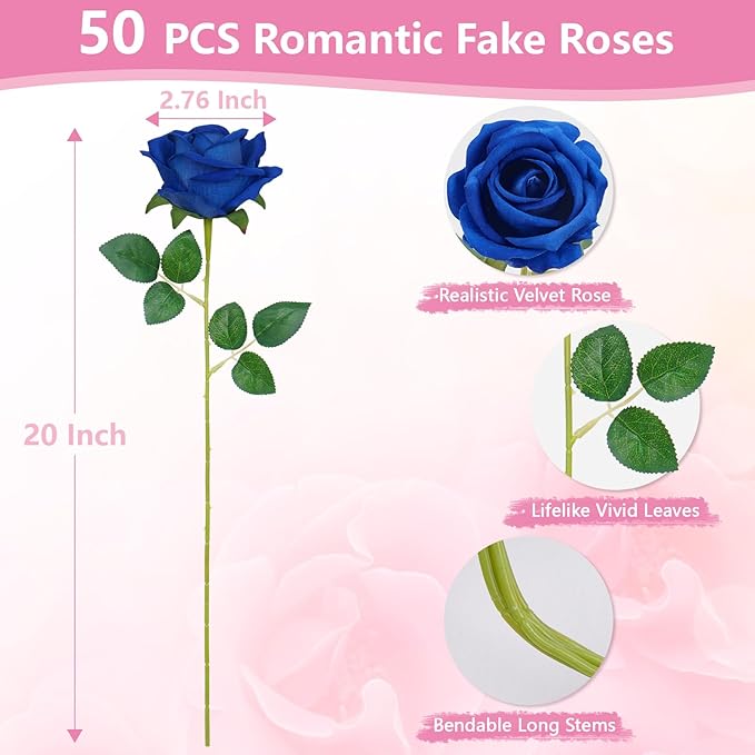 BLEUM CADE 50 Pcs Blue Roses Artificial Flowers, Real Touch Velvet Roses Fake Flowers Bulk, Artificial Roses Bouquet with Long Stems Bridal DIY Wedding Party Centerpiece Decorations