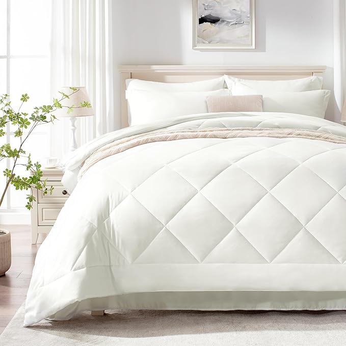 Love's cabin Queen Comforter Set Ivory, 7 Pieces Queen Bed in a Bag, All Season Bedding Sets with 1 Comforter, 1 Flat Sheet, 1 Fitted Sheet, 2 Pillowcase and 2 Pillow Sham