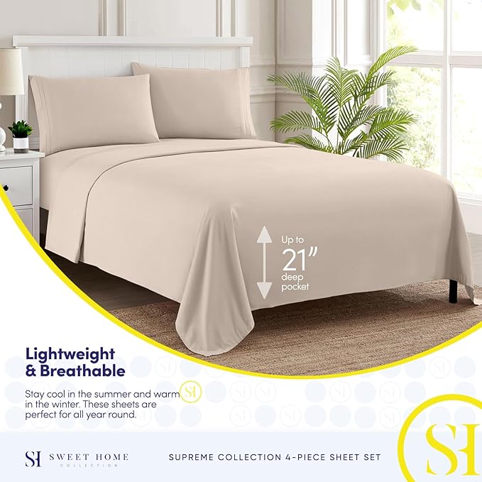 Queen Size Bed Sheets - Breathable Luxury Sheets with Full Elastic & Secure Corner Straps Built In - 1800 Supreme Collection Soft Deep Pocket Bedding, Sheet Set, EXTRA DEEP pocket - Queen, Beige