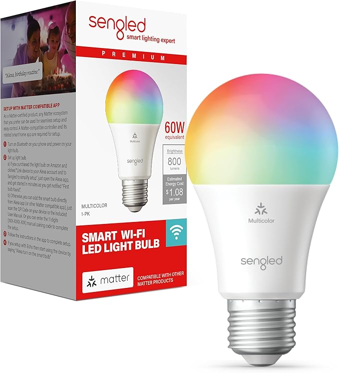 Sengled Matter LED Smart Light Bulb (A19), Multicolor, Compatible with Alexa, 60W Equivalent, 800LM, Instant Pairing, 1-Pack