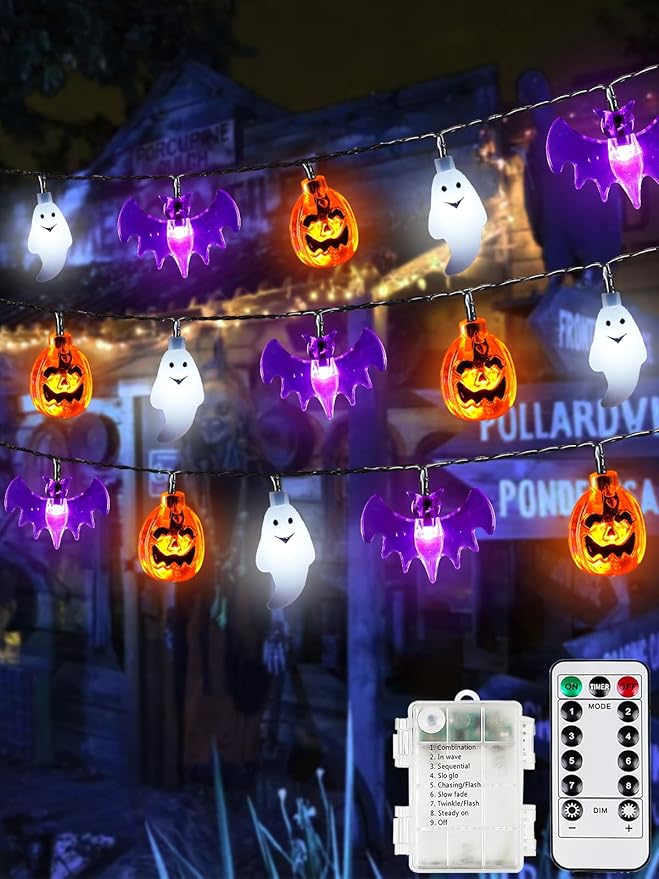 Halloween String Lights, 3D Pumpkin Bat Ghost Fairy Lights Battery Operated with Remote, 30LED Twinkle Light Waterproof 8 Modes & Timer for Halloween Parties Decorations Indoor Outdoor Windows Decor
