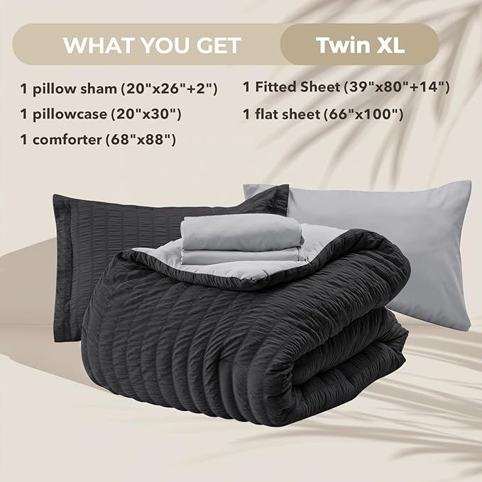 HYMOKEGE Black/Light Grey Twin XL Comforter Set Seersucker 5 Pieces, All Season Luxury Bed in a Bag for Bedroom, Bedding Set with Comforter, Sheets, Pillowcase & Sham