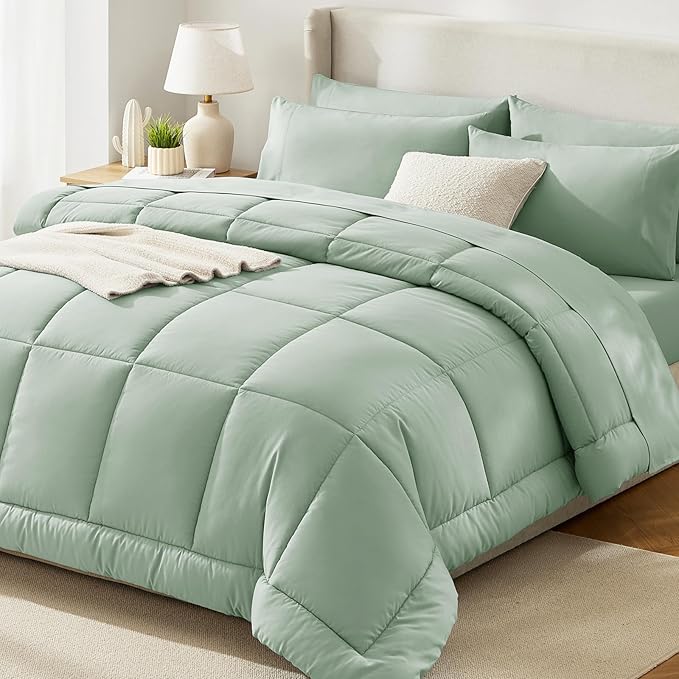 CozyLux Twin Comforter Set with Sheets Sage Green, 5 Pieces Bed in a Bag, Green Comforter Twin Size, All Season Bedding Set with Stitch Quilted Comforter, Flat Sheet, Fitted Sheet, Pillowcases