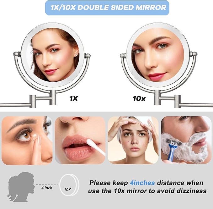 Hard Wired Makeup Mirror with Lights Wall Mounted with Magnification, 8 Inch Double Sides 10X Magnifying Bathroom Mirror 3 Color Lighting Touch Dimming, Extended Arm Shaving Mirror, Brushed Nickel