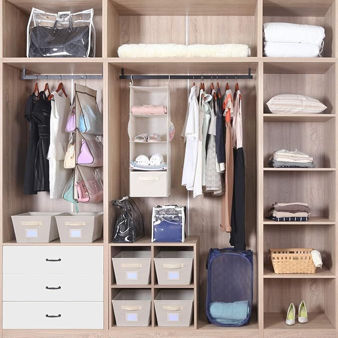 MAX Houser 4-Shelf Hanging Closet Organizer, Space Saver, Cloth Hanging Shelves with 2 Side Pockets, Foldable (Beige)