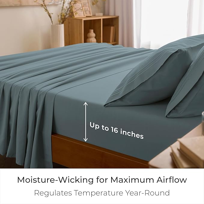 Mellanni Queen Sheets Set - 4 PC Iconic Collection Bedding - Hotel Luxury, Extra Soft, Cooling Bed Sheets - Wrinkle, Fade, Stain Resistant (Queen, Spa Blue)