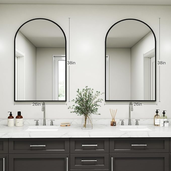 DUMOS Black Metal Arch Vanity Rounded Rectangle Bathroom Mirrors for Over Sink Wall, 27x38 Inch Large Matte Mirror, Modern Decorative for Restroom, Farmhouse