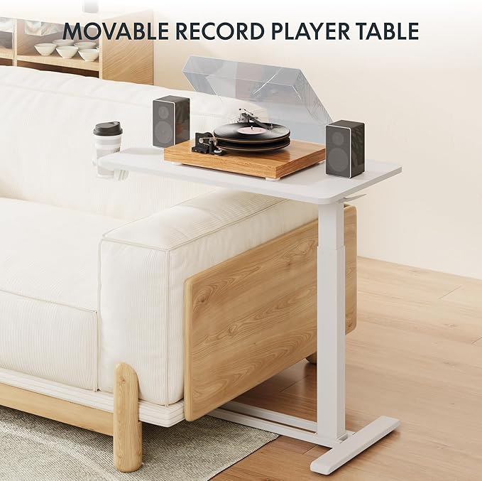 FLEXISPOT H7 Adjustable Overbed Bedside Table with Wheels Pneumatic Mobile Standing Laptop Desk Rolling Computer Cart Movable Overbed Table Hospital Home Use (31.5" W x 17.7" D, White Large)