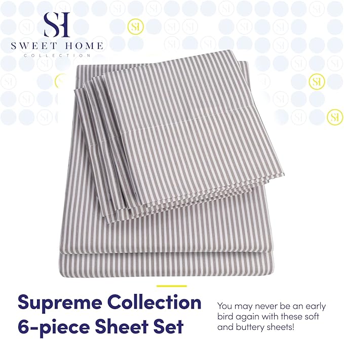 Cal King Size Bed Sheets - 6 Piece 1500 Supreme Deluxe Collection Deep Pocket Ultra Soft California King Sheet Set Bedding - 2 Extra Pillow Cases, California King, Classic Stripe Gray