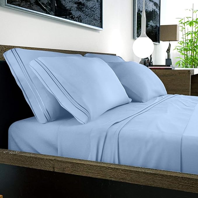DREAMCARE King Size Sheets Set – 6 pcs Cooling Bed Sheets – up to 21” Deep Pocket King Sheet Set – 2500 Supreme Collection – Extra Soft 100% Brushed Microfiber Hotel Luxury with Side Pocket – L Blue