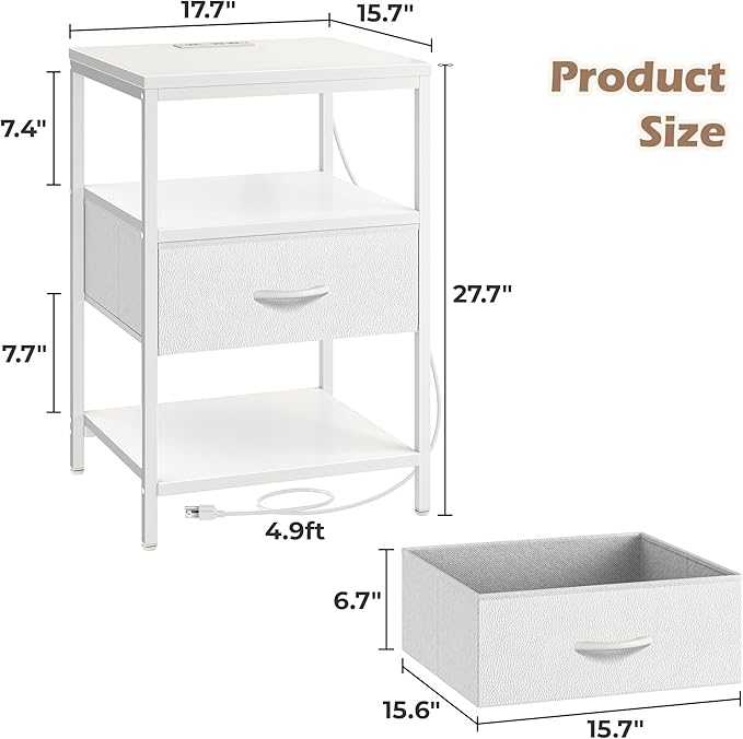 SUPERJARE Nightstand with Charging Station, White Night Stand with Adjustable Drawers, 17.7 Inches Wider Side Table for Bedroom, 3-Tier Storage End Table with Open Shelf, PU Leather Surface