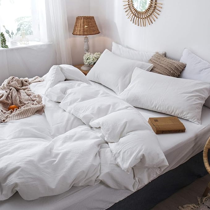 MooMee Bedding Duvet Cover Set 100% Washed Cotton Linen Like Textured Breathable Durable Soft Comfy (Solid Off White, Twin 68"x90")
