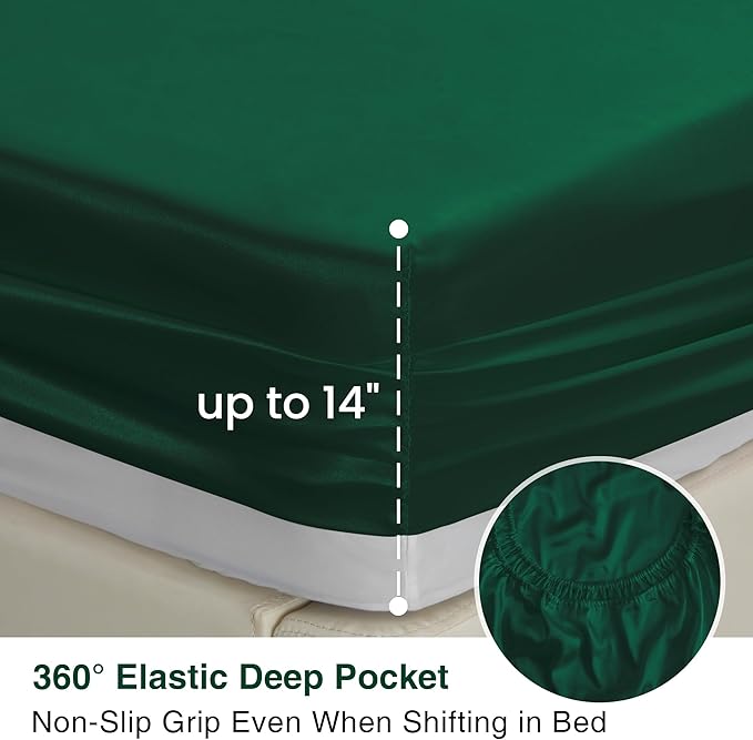 Love's cabin Full Size Satin Sheet Set - 4 Piece Dark Green Silky Satin Sheet Set with Deep Pocket, Luxury Silk Feel Satin Bed Sheets Full Bedding Set (1 Flat Sheet,1 Fitted Sheet,2 Pillow Cases)