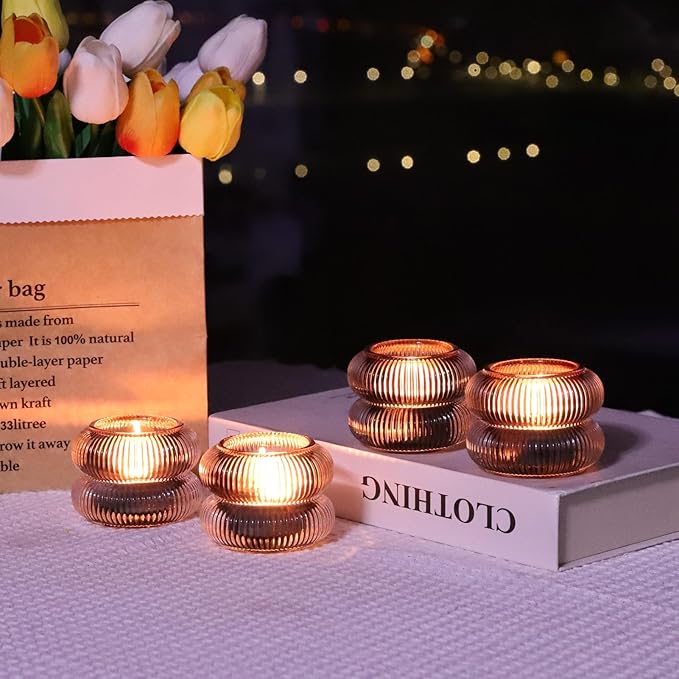 Woho Smoke Grey Ribbed Votive Candle Holder Set of 12, Vintage Tea Lights Candle Holder for Halloween Decorations, Glass Tealight Candle Holders for Holiday Party/Home Decor (Grey, 2.1" H X 2.75" D)