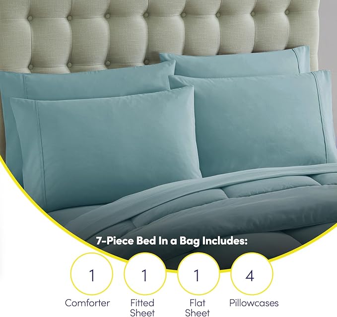 King Size Comforter Set with Sheets - 7-Piece Bedding Collection - 1 Comforter, 1 Fitted Sheet, 1 Flat, 4 Pillowcases - Deep Pocket - Soft & Premium Quality - Ideal for All Seasons, Misty Blue
