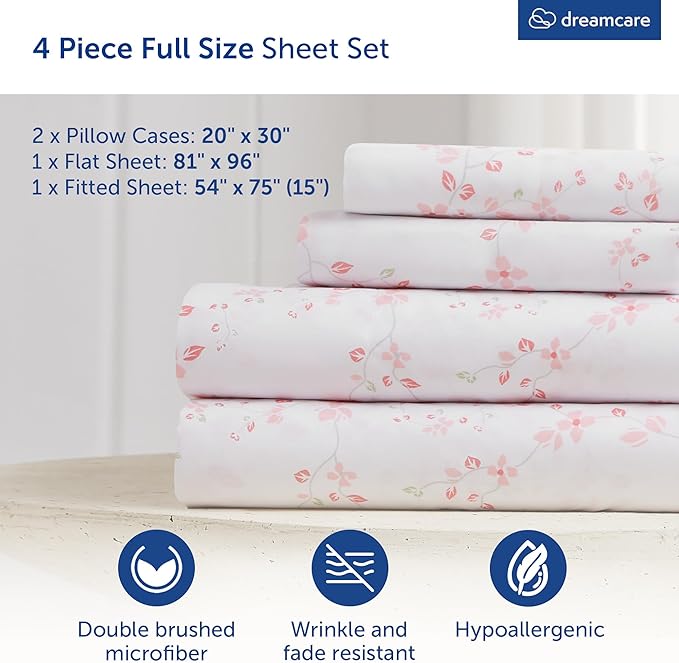 DREAMCARE Full Size Bed Sheets - Luxurious Floral Full Sheet Set - 4 Pc Ultra Soft Breathable Wrinkle Free Brushed Microfiber Floral Blossom