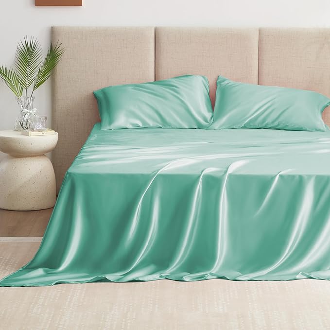 Love's cabin Full Satin Bed Linen Set, 4 Piece, Aqua, Silky Soft, Luxury Feeling, Wrinkle Resistant, Deep Pockets, Fitted & Flat Sheets, 2 Pillowcases