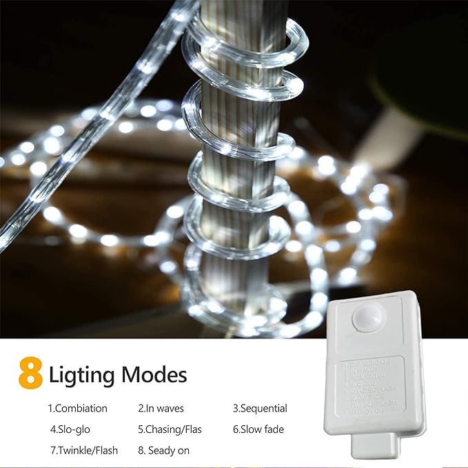50ft 360 LED Rope Lights Outdoor, Connectable and Flexible Tube Lights with 8 Modes, Waterproof Indoor Outdoor LED Rope Lighting for Deck, Garden, Pool, Patio, Indoor Outdoor Decorations (White)