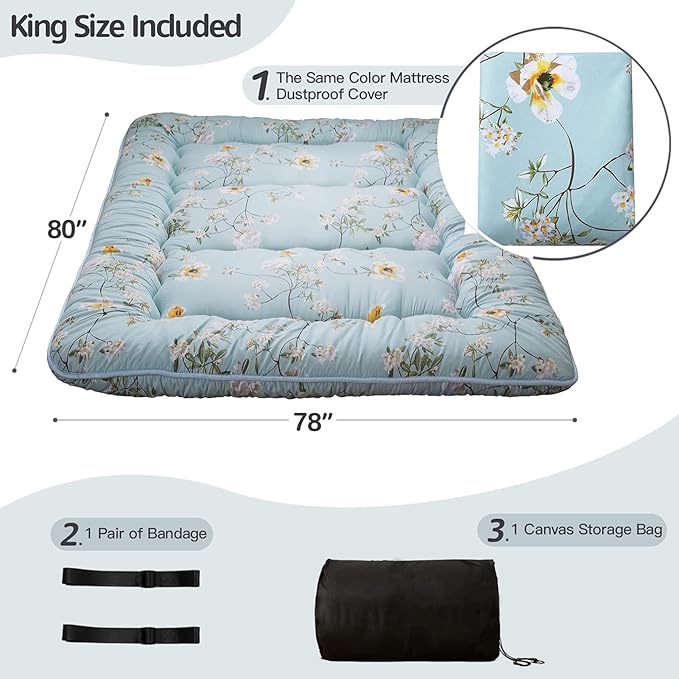 MAXYOYO Rustic Floral Korean Floor Mattress Japanese Futon Mattress, Foldable Bed Roll Up Camping Mattress Floor Lounger Bed Couches and Sofas Mattress Topper King Size