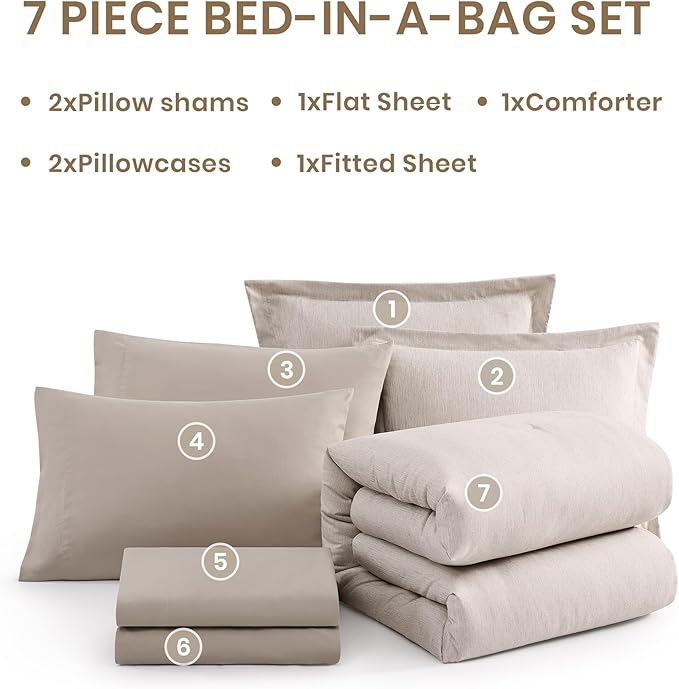 Monbix King Size Comforter Set, Oatmeal Cationic Dyeing Bed Set Reversible, King Size Comforter Set 7 Pieces Bed in a Bag with Comforter, Sheets, Pillowcases & Shams