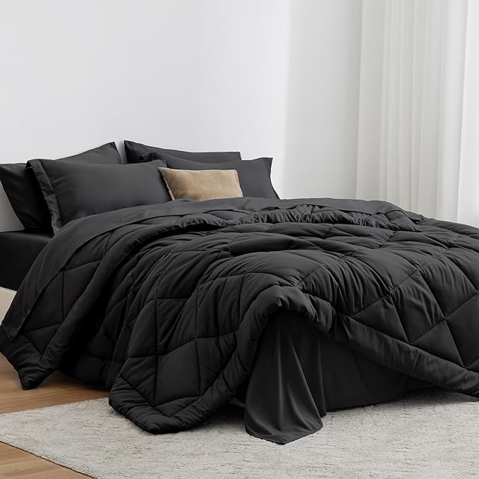 Love's Cabin Oversized Queen Comforter Set, 7 Pieces Queen Bed in a Bag, All Season Bedding Sets with 1 Comforter, 1 Flat Sheet, 1 Fitted Sheet, 2 Pillowcase and 2 Pillow Sham, Black