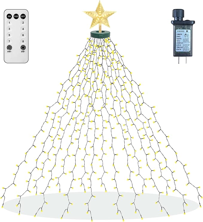 aneeway Christmas Tree Lights with Star Toppers, 410 LED Christmas Lights with 8 Modes & Memory Function, 6.6FT x 16 String Lights with Remote Control & Timing for Xmas Ornaments - Warm White