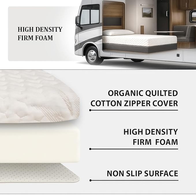 Foamma 3” x 35” x 79” Camper/RV Travel High-Density Bunk Mattress, Washable Organic Cotton Cover, Made in USA, Comfortable, Travel Trailer, CertiPUR-US Certified