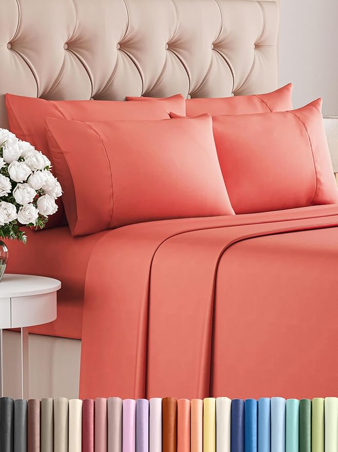 King Sheets Set 6 Piece - Includes 4 Pillowcases - Bed Sheets King Size - Soft Hotel Luxury Bedding - Cooling, Comfy, Fade Free & Breathable - 1 Flat & 1 Fitted & 4 Pillowcases w/ Deep Pockets - Coral