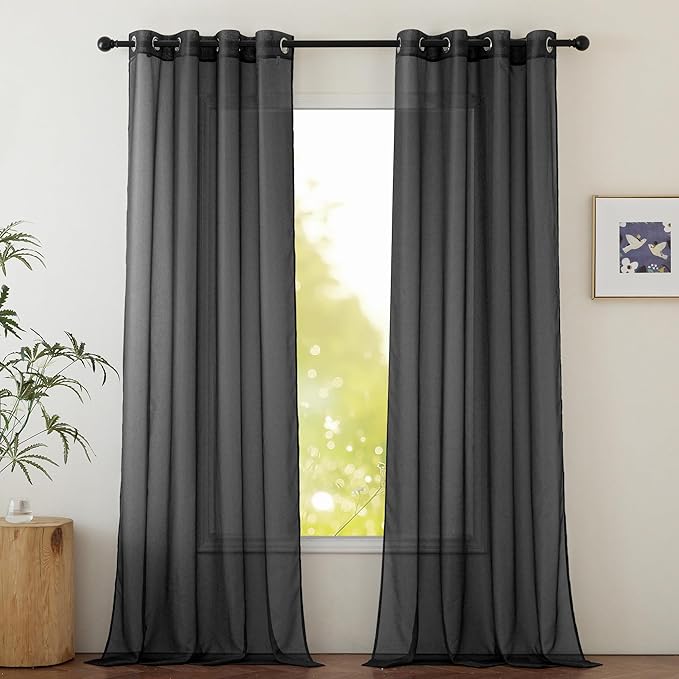 NICETOWN Sheer Window Curtain 84" - Ring Top Window Treatments Home Decorations Voile Panels Drapes with for Living Room/Patio Door (54 Inches Wide, Black, 2 Panels)