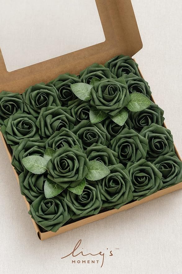 Ling’s Moment Artificial Flowers 25Pcs Emerald Green Roses Decor w/Stems,3" Real Touch DIY Foam Floral for Wedding Bouquet/Centerpieces, Outdoors Party Backdrop, Room/Table, and Garden/Pot Decorations