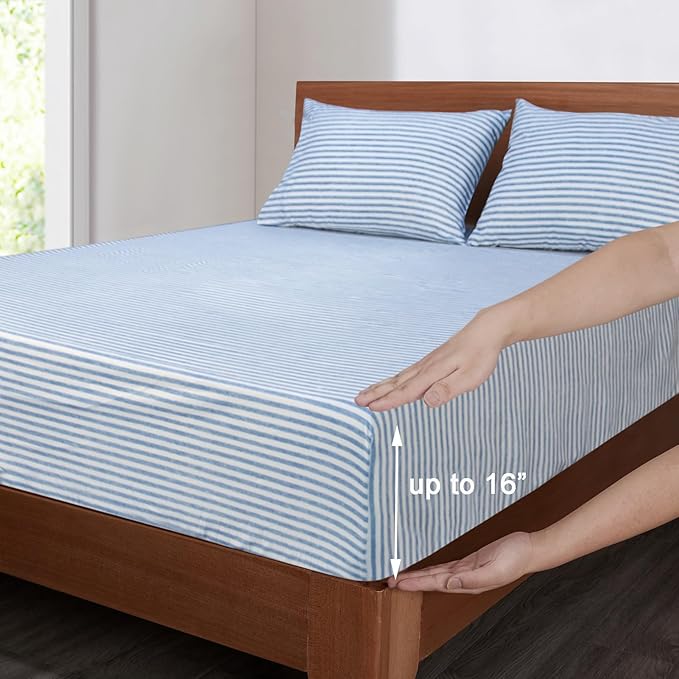 Mejoroom Striped Queen Size Sheet Set - Hotel Luxury 1800 Bedding Sheets & Pillowcases - Deep Pocket Fitted Sheet, Soft, Breathable, Wrinkle & Fade Resistant - 4 Piece (Blue Stripe)