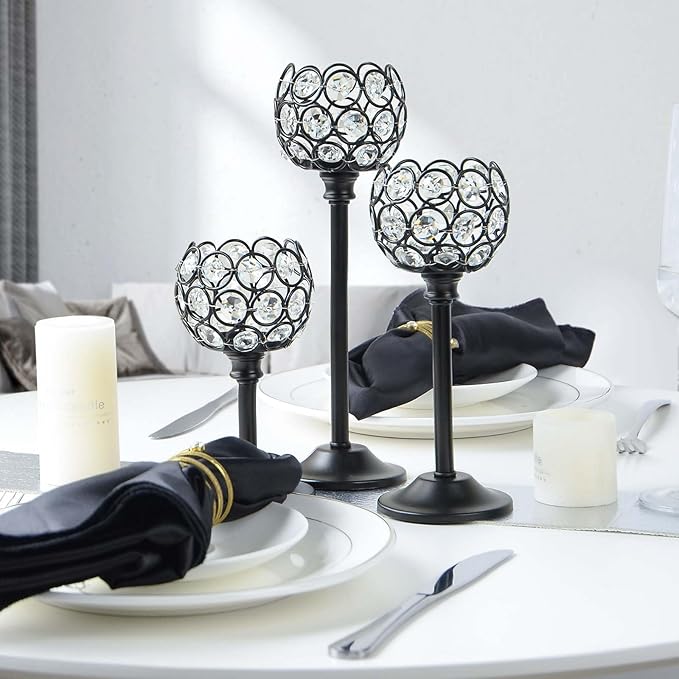 12pcs Bulk Crystal Candle Holders Set, 3 Sizes Tealight Candlestick Holders for Wedding Table Centerpiece, Fireplace Candelabra, Home Decor – Black (Kehail)