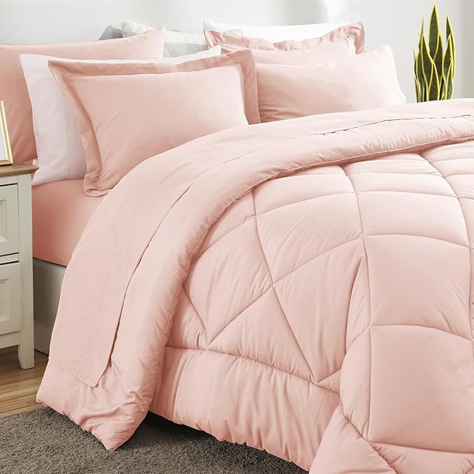 CozyLux Queen Comforter Set Blush Pink - Bed in a Bag Queen Size 7 Pieces, Luxury Soft Bed Set for All Seasons, Bedding Set with Down Alternative Comforter, Sheets, Pillowcases & Shams