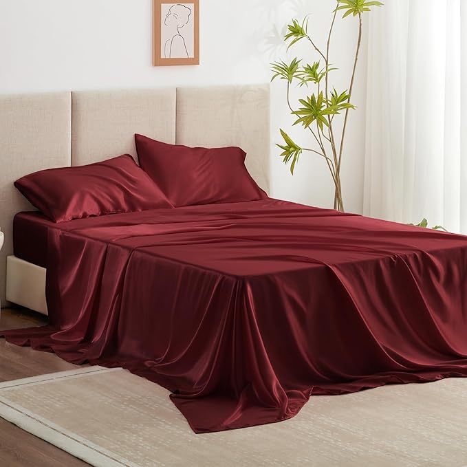 Love's cabin Twin Satin Sheets Sets - 3 Piece Burgundy Silky Bed Sheets with Deep Pockets, Luxury Silk Feel Satin Twin Size Sheet Set Bedding Set (1 Flat Sheet,1 Fitted Sheet,1 Pillow case)