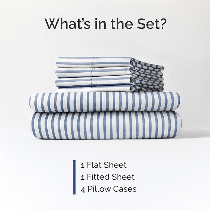 Full 6 Piece Sheet Set - Comfy Breathable & Cooling - Soft Hotel Luxury Bedding Set with 8-16 Inch Deep Pockets - 1 Flat & 1 Fitted Sheet & 4 Pillowcases - Wrinkle Free & Easy Care - Blue Stripes 2