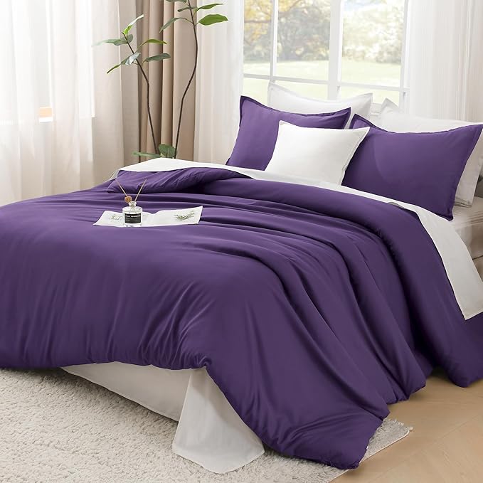 Litanika Dark Purple Comforter Set Queen Size, 3 Pieces Lightweight Solid Bedding Comforter Set, All Season Fluffy Bed Set (90x90In Comforter & 2 Pillowcases)