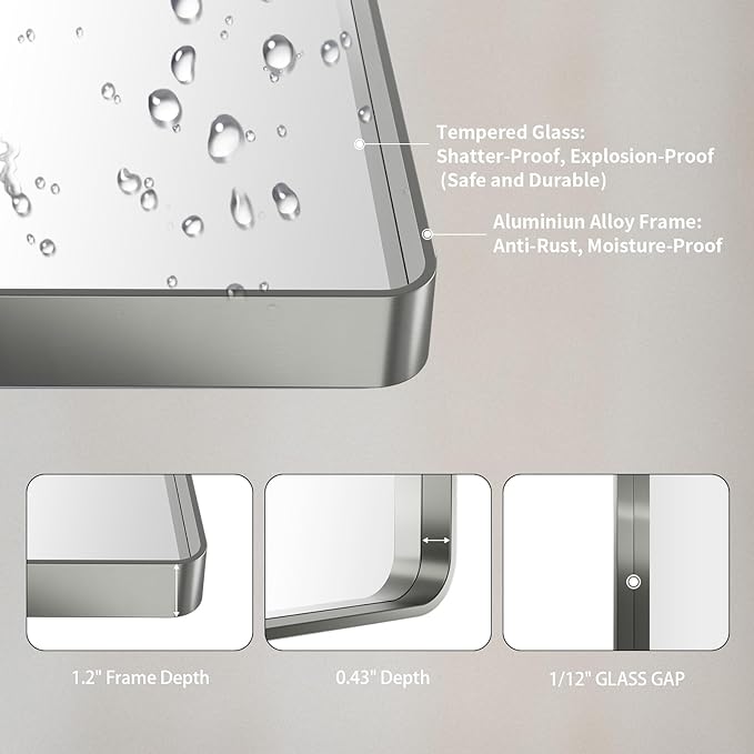 LOAAO 50X30 Inch Brushed Nickel Bathroom Mirror, Rounded Rectangle Silver Metal Frame Mirror, Brushed Nickel, Anti-Rust, Shatter Proof, Hangs Horizontally or Vertically